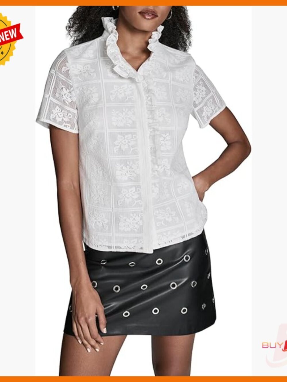 Short Sleeve Ruffle Front Lace Printed Top, Relaxed Fit, Dry Clean Only